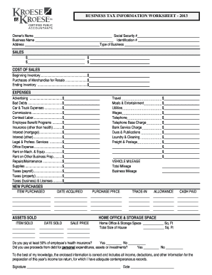 Business Tax Information Worksheet