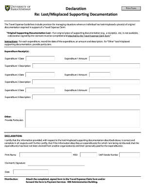 Declaration for Lost Travel Expense Documentation