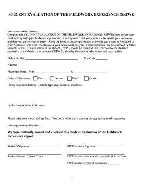 Student Evaluation of Fieldwork Experience (SEFWE)