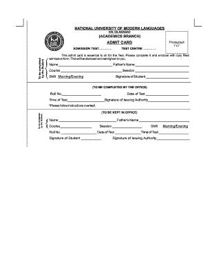 National University Admission Test Admit Card