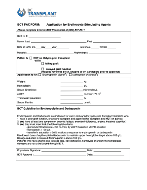 BCT Fax Form: Application for Erythrocyte Stimulating Agents