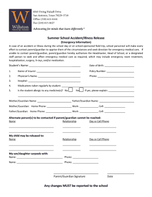 Summer School Accident Illness Release Form