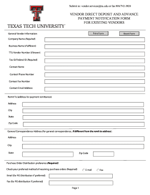 Vendor Direct Deposit and Advance Payment Notification Form