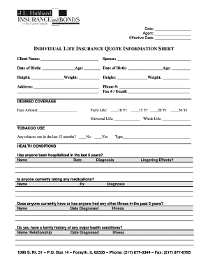 Individual Life Insurance Quote Information Sheet