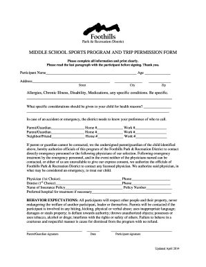 Middle School Sports Program Permission Form