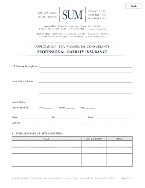 Application for Environmental Consultants Professional Liability Insurance