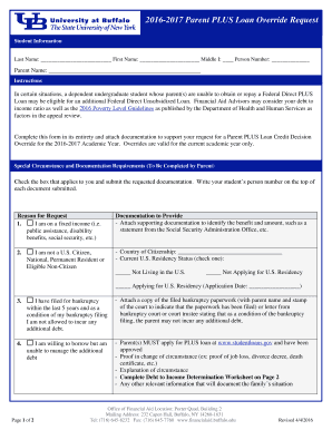 2016-2017 Parent PLUS Loan Override Request