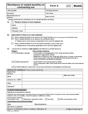 Remittance of Vested Benefits Form A