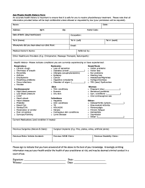 Physiotherapy Health History Form
