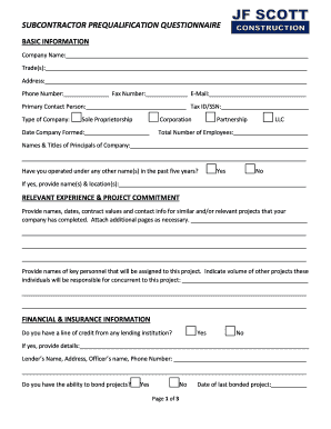 Subcontractor Prequalification Questionnaire