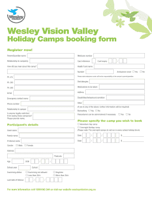 Wesley Vision Valley Holiday Camps Booking Form