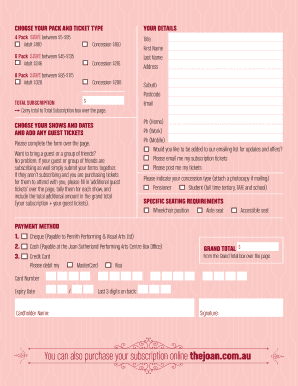 Joan Sutherland Performing Arts Centre Subscription Form