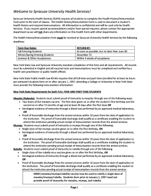 Syracuse University Health History/Immunization Form