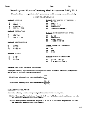 Chemistry and Honors Chemistry Math Assessment