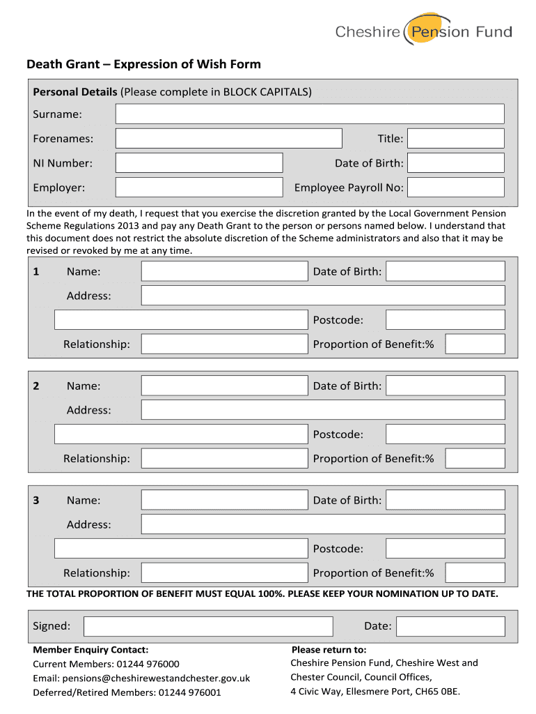 Fillable Online cheshirepensionfund Death Grant Expression of Wish Form