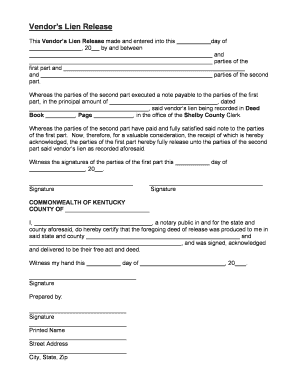 Fillable Online This Vendors Lien Release made and entered into this ...