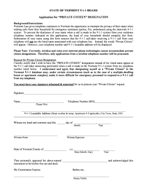 Vermont Private Citizen 9-1-1 Designation Application