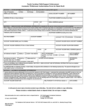 North Carolina Child Support Bank Draft Authorization