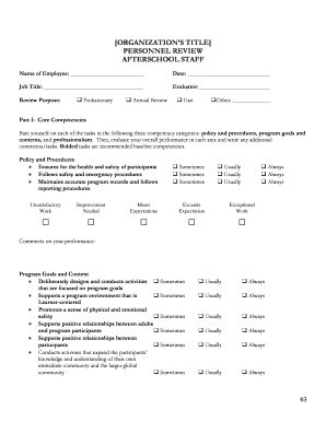 Afterschool Staff Personnel Review Form