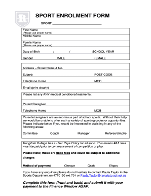 Rangitoto College Sport Enrolment Form