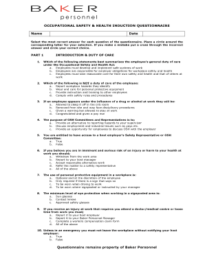 Occupational Safety and Health Induction Questionnaire