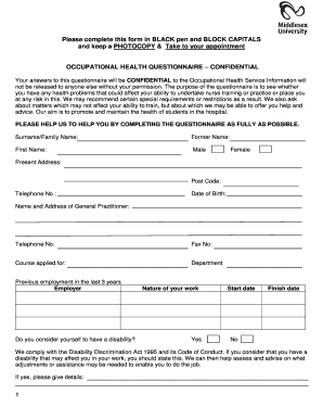 Occupational Health Questionnaire for Nurse Training