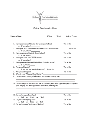Patient Orthotic Device Questionnaire Form