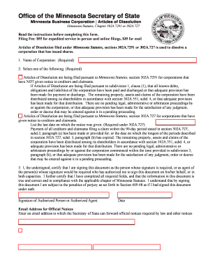 Minnesota Business Corporation Articles of Dissolution