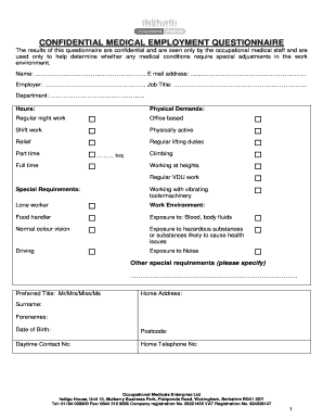 Confidential Medical Employment Questionnaire