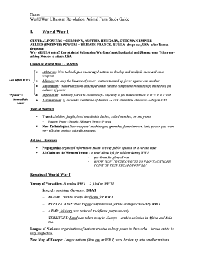 World War I and Russian Revolution Study Guide