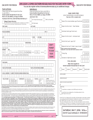2016 Susan G. Komen Southern Nevada Race for the Cure Entry Form
