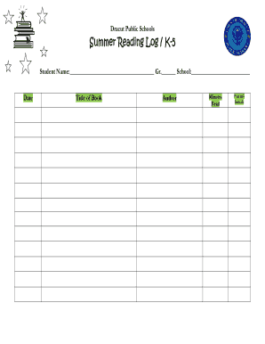 Summer Reading Log for K-5 Students