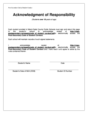 Acknowledgment of Post-Secondary Code of Student Conduct
