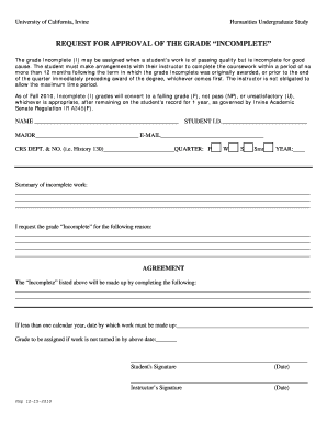 University of California Incomplete Grade Request Form