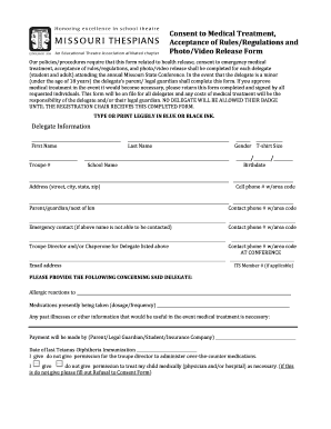 Missouri State Thespians Medical Consent and Photo Release Form