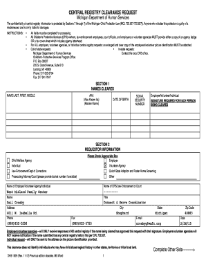 Michigan Central Registry Clearance Request