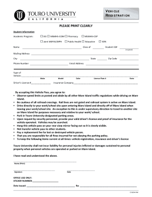 Touro University Vehicle Registration Form