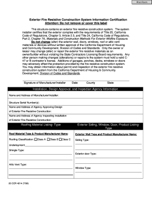 California Exterior Fire Resistive Construction Certification