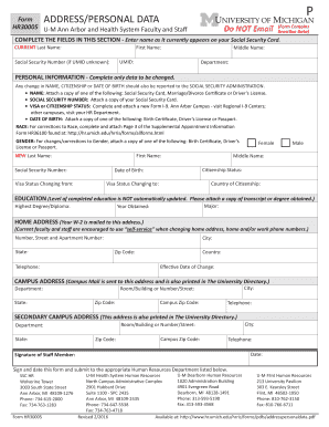 University of Michigan Personal Data Form