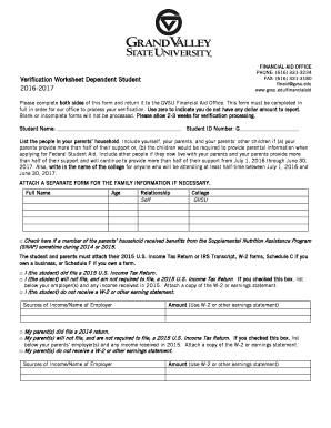 Verification Worksheet Dependent Student