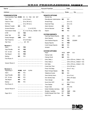 XR40 Security System Programming Sheet