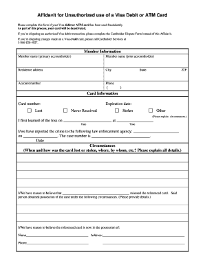 Affidavit for Unauthorized Visa Debit or ATM Card Use