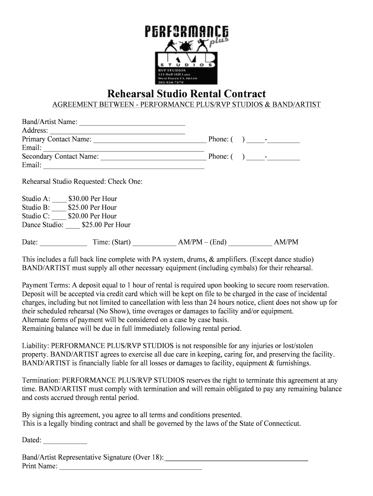 Fillable Online Rehearsal Studio Rental Contract Finaldocx Fax Email