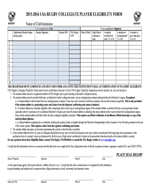 2015-2016 USA Rugby Collegiate Player Eligibility Form