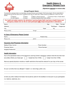 Health History & Emergency Release Form