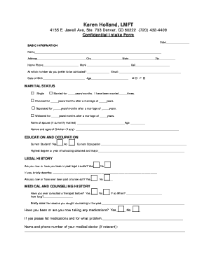 Confidential Intake Form for Therapy