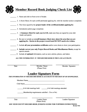 4-H Member Record Book Judging Checklist