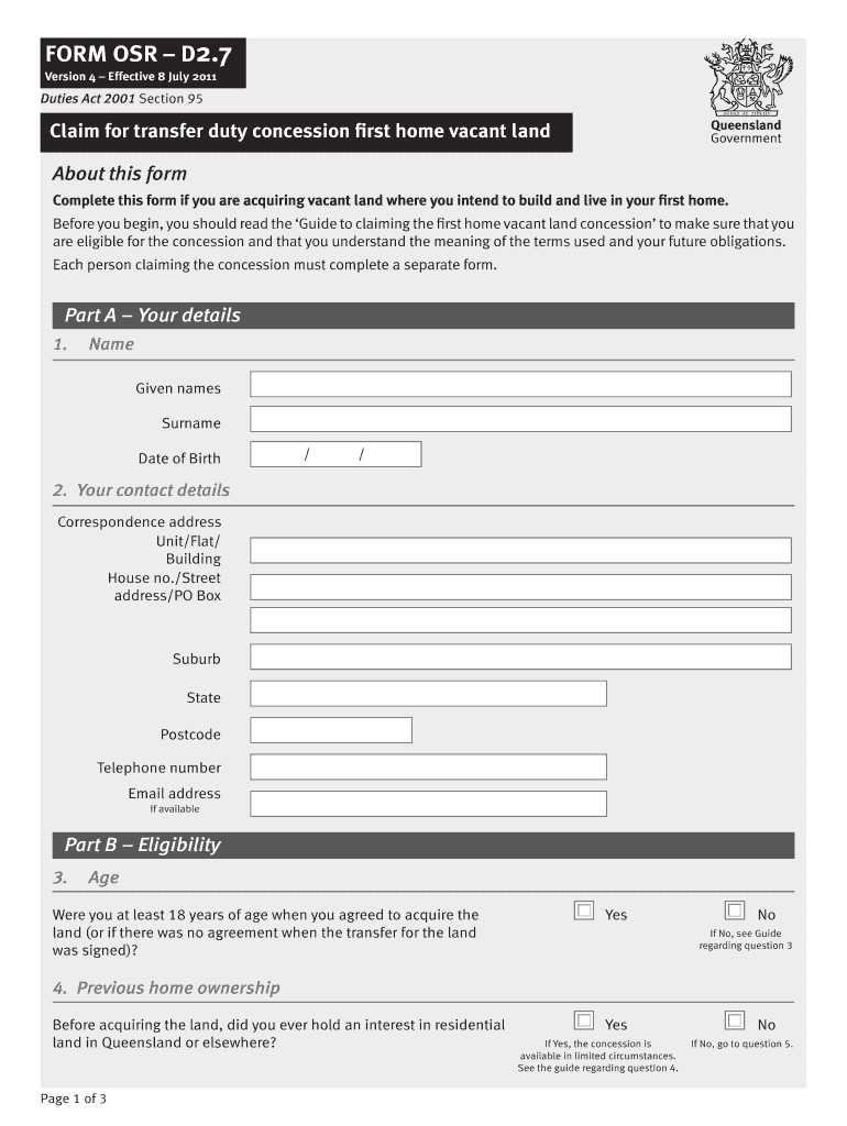 Fillable Online Claim for transfer duty concession first home vacant