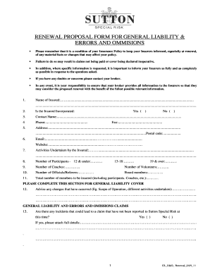 General Liability & Errors and Omissions Renewal Proposal Form