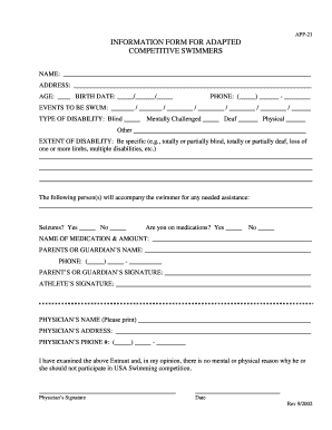 Information Form for Adapted Competitive Swimmers